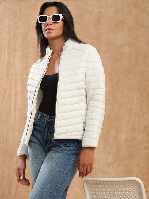 Globus Women White Mock Neck Front Zip 2 Pockets Winter Wear Insulator Puffer Jacket-picture-15