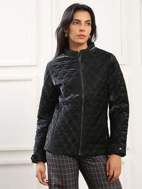 Globus Women Black Mock Neck Front Zip 2 Pockets Winter Wear Insulator Quilted Jacket-picture-23