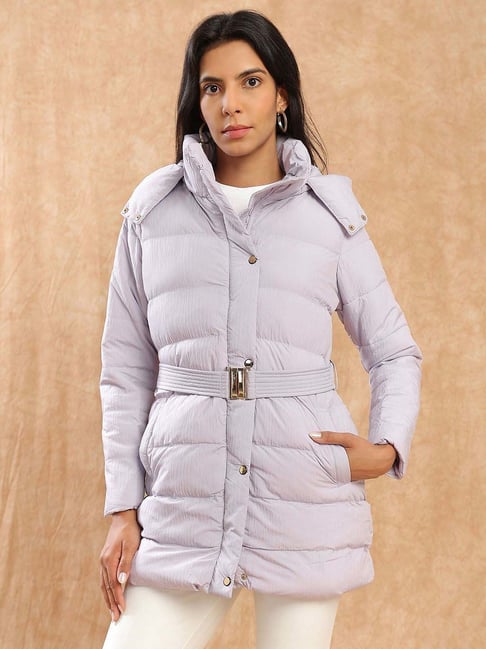 Globus Women Purple Mock Neck Belted Winter Wear Insulator Puffer Jacket With Detachable Hood-picture-38