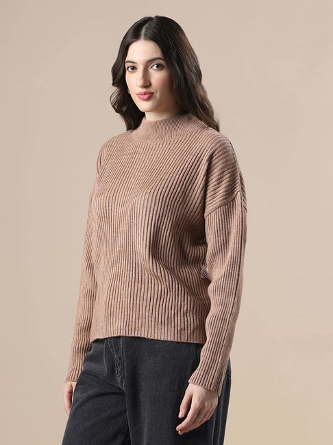 Globus Women Beige Self Design High Neck Drop Shoulder Long Sleeve Acrylic Knitted Pullover Sweater