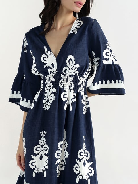 Elle Women Navy Printed V-Neck Dress