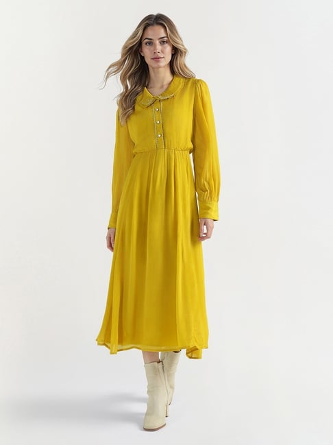 Elle Women Yellow Textured Collar Dress