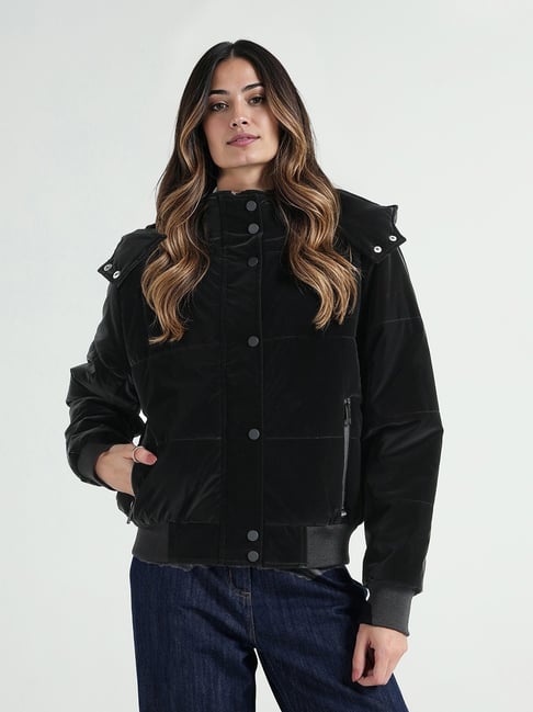 Elle Women Black Quilted Hoodie Jacket