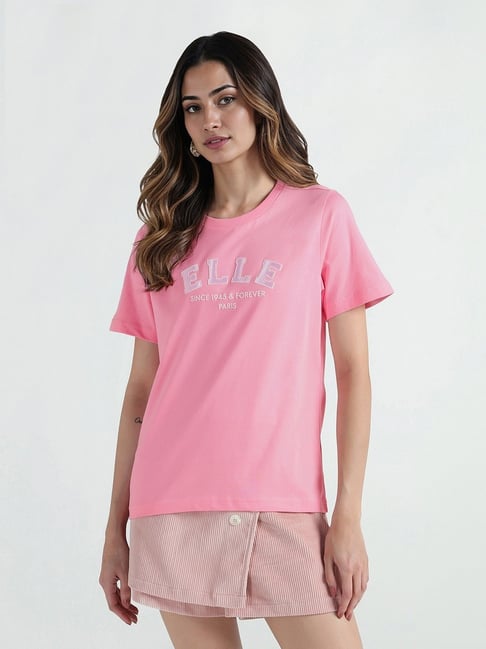 Elle Women Pink Solid Crew Neck Pure Cotton T-Shirt-picture-42