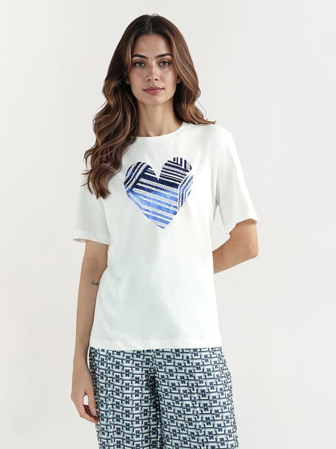 Elle Women White Graphic Print At Front Crew Neck Pure Cotton T-Shirt-picture-11