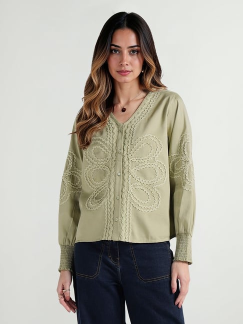 Elle Women Green Embroidered V-Neck Pure Cotton Top