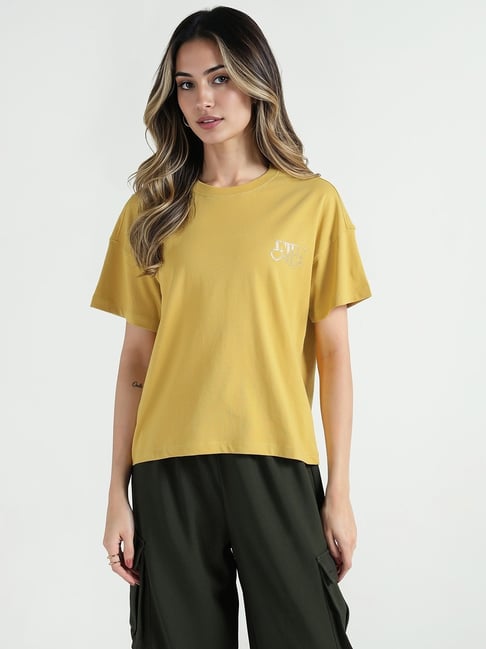 Elle Women Yellow Solid Crew Neck Pure Cotton T-Shirt-picture-47