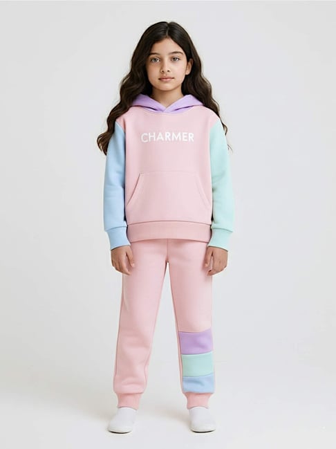 Bubble Berry Girls Pink Colour Blocked Tracksuit