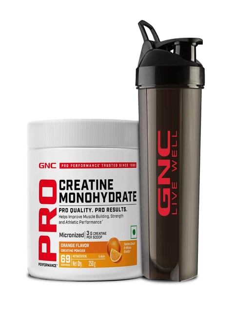 GNC Creatine Monohydrate With Black Shaker (750ml)| 250gm | Orange