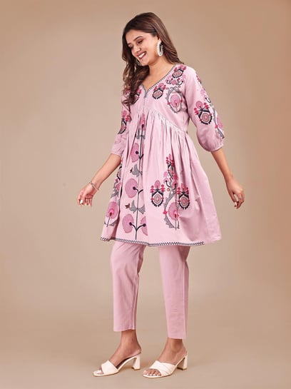 Tikhi Imli Onion Pink Contrast Thread Work Cotton Co-Ord Set