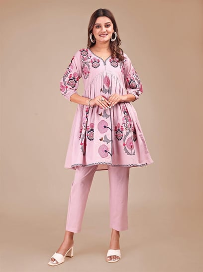 Tikhi Imli Onion Pink Contrast Thread Work Cotton Co-Ord Set
