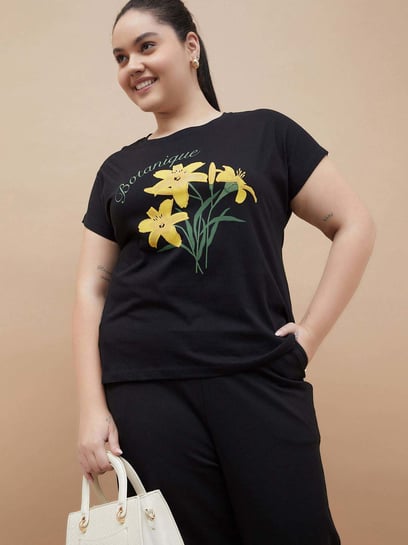 Nexus by Lifestyle Women Black Cotton Printed Plus Size T Shirt