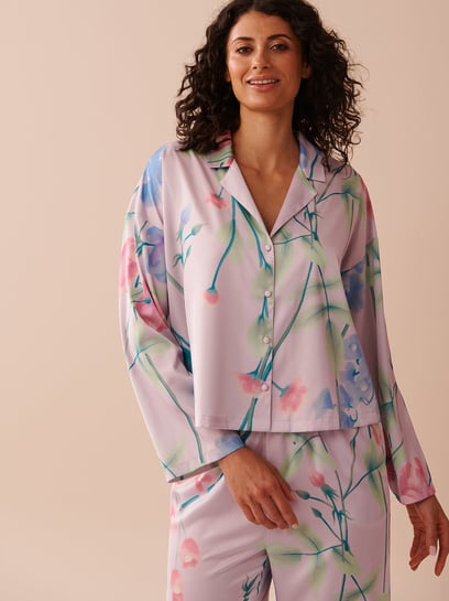La Vie En Rose Purple Lavender Garden Printed Satin Button-Down Shirt