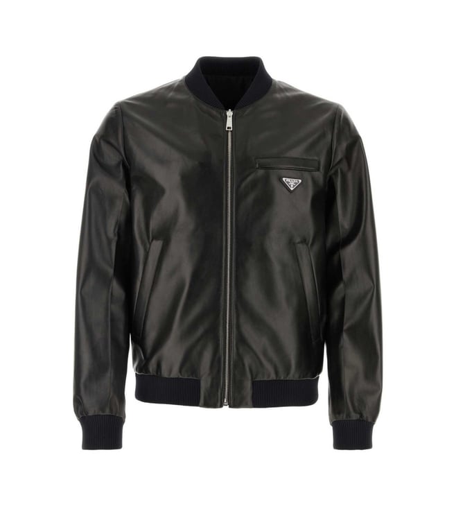 Prada Black Triangle Logo Leather Reversible Bomber Jacket