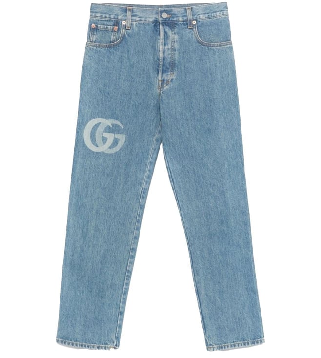 GUCCI Blue Lasered Double G Denim Lightly Washed Slim Fit Jeans