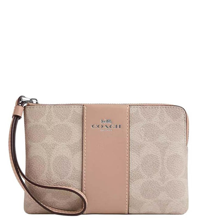 Coach Silver & Sand & Taupe Logo Wristlet