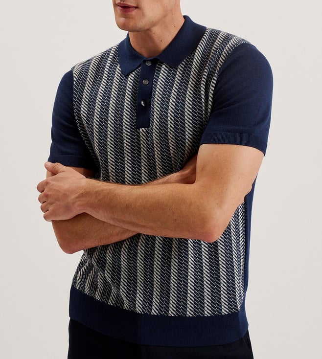 Ted Baker Navy Striped Knit Short Sleeves Polo T-Shirt