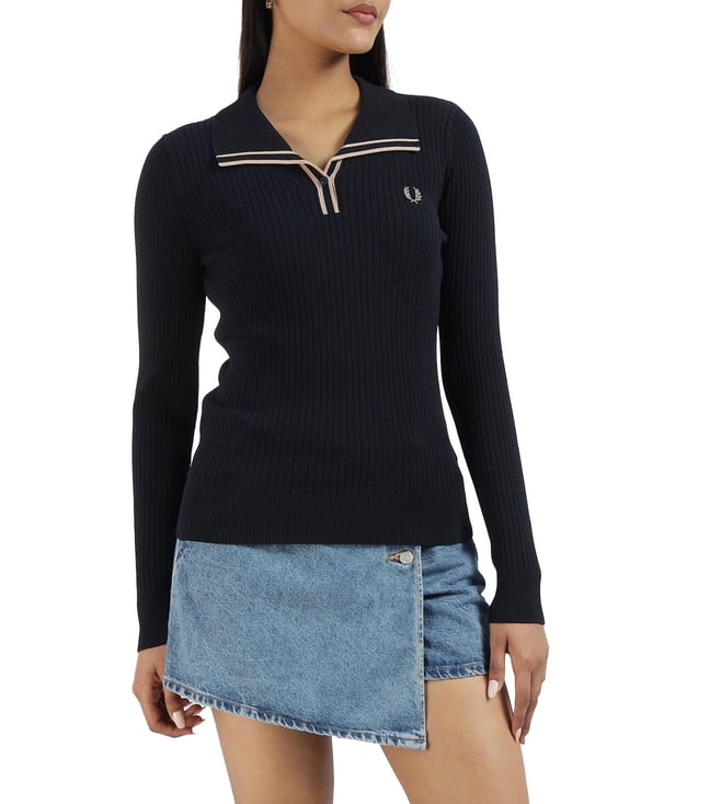 トップス FRED PERRY Ribbed Polo Shirt Fred Perry Navy Ribbed Knitted Polo Shirt