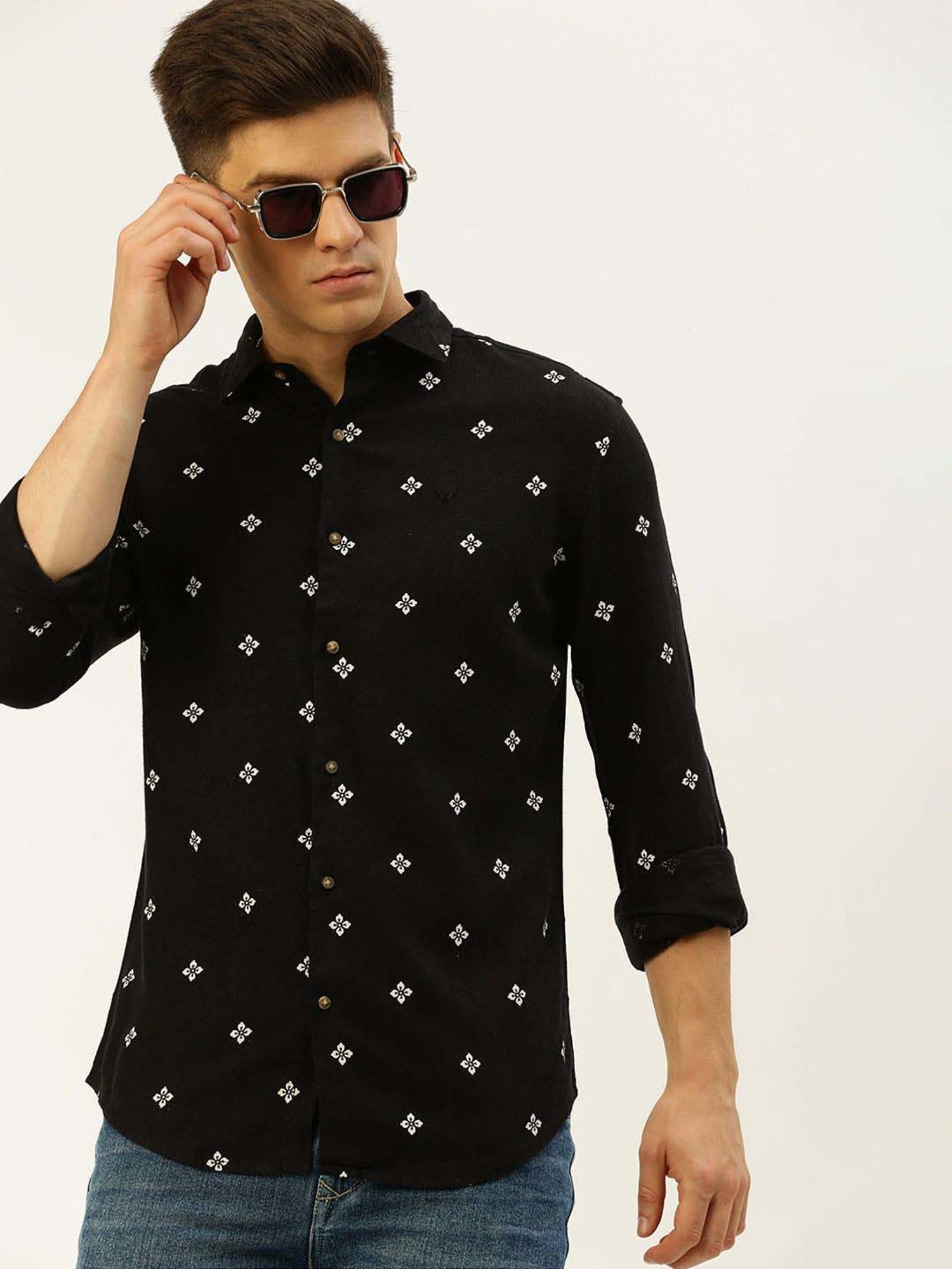 SHOWOFFFF Black Linen Slim Fit Printed Shirt