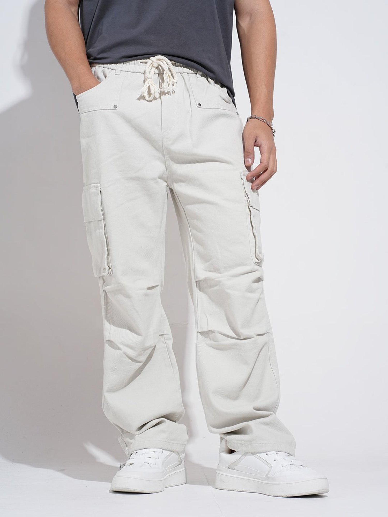 SHOWOFFFF Off White Denim Solid Relaxed Fit Trousers