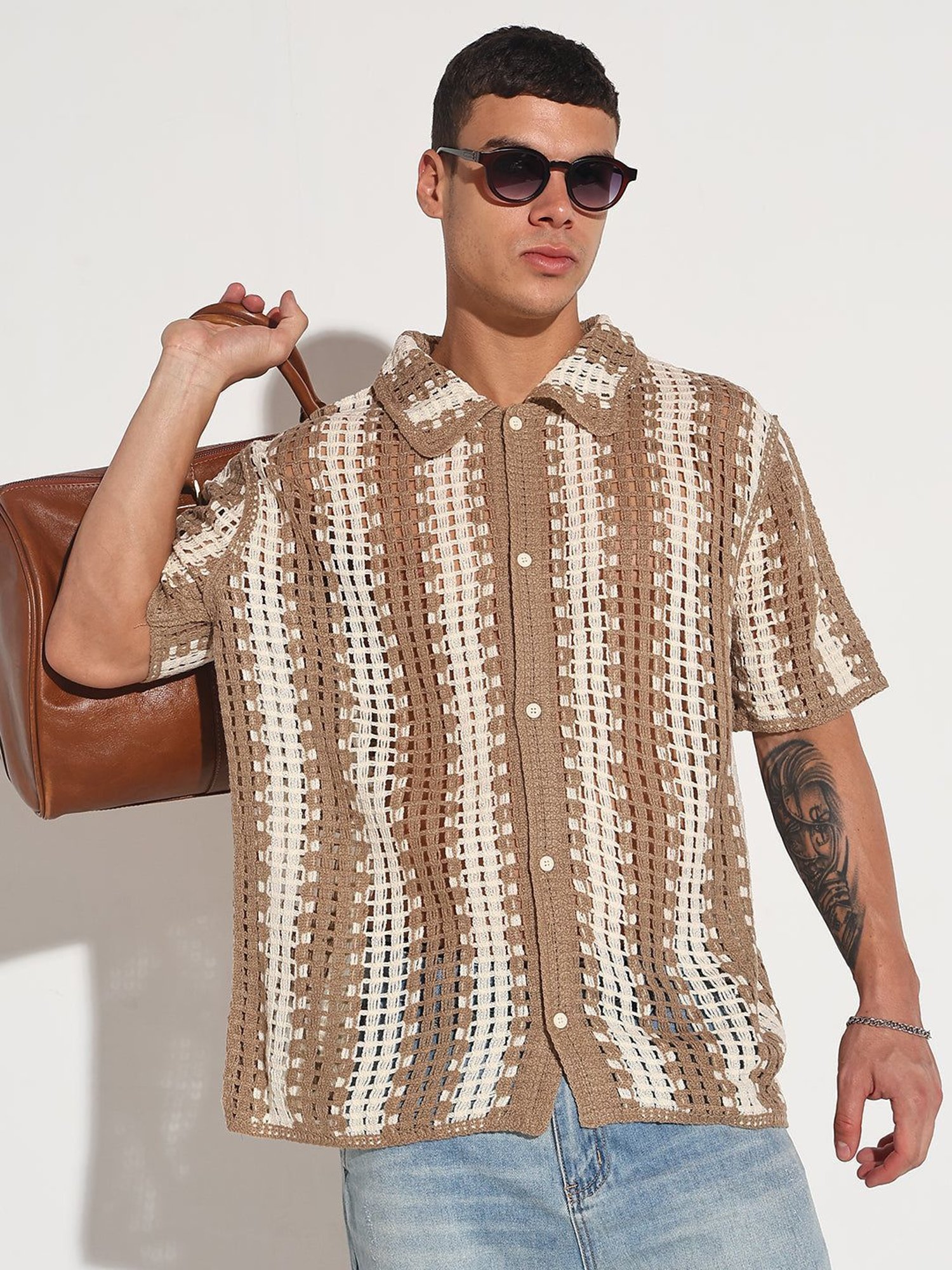 トップス BEAMS GRADATION CLOCHET KNIT SHIRT SHOWOFFFF Beige Relaxed Fit Crochet Shirt