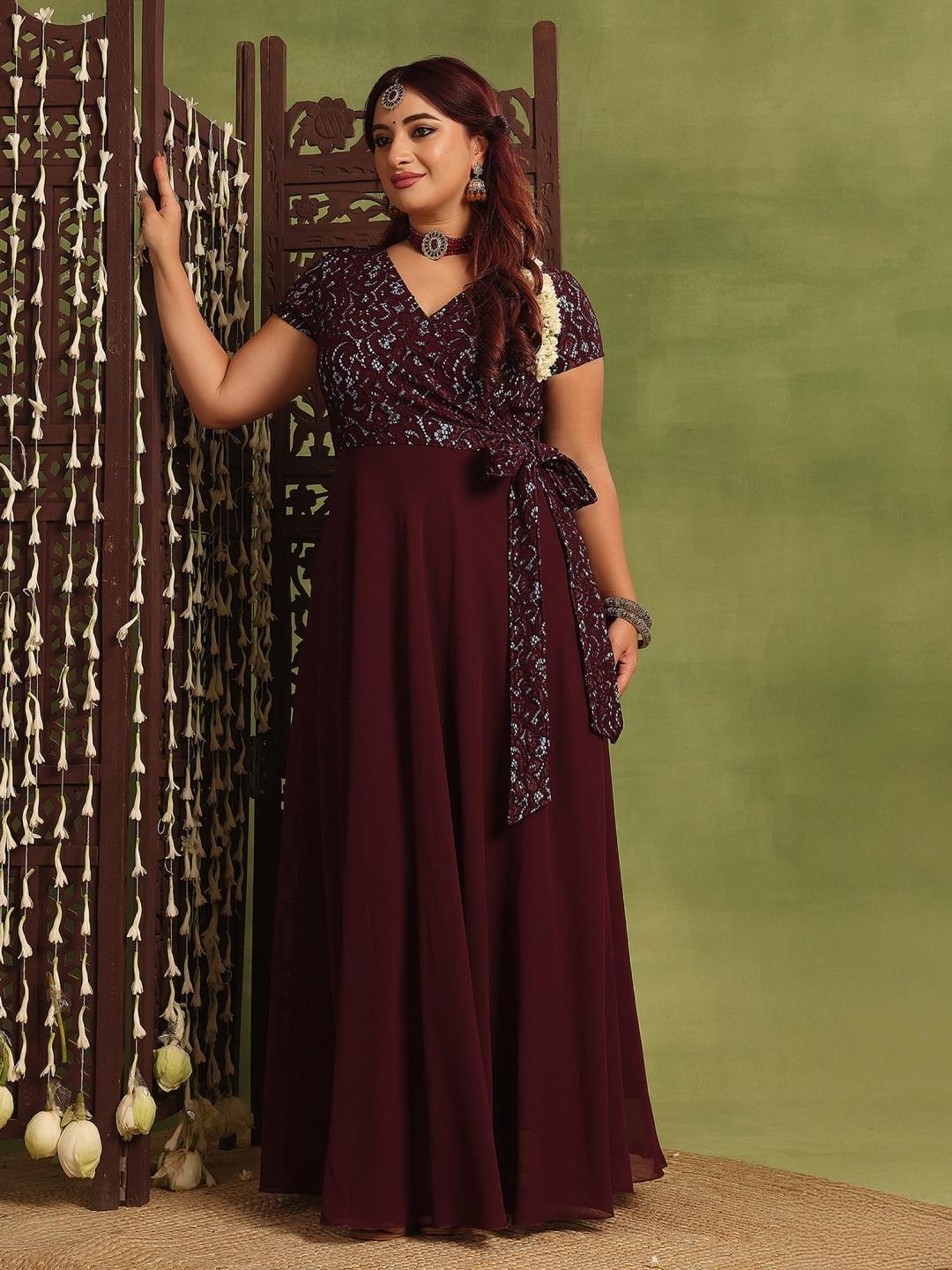 Miss Chase A+ Wine Georgette Solid Wrap Dress