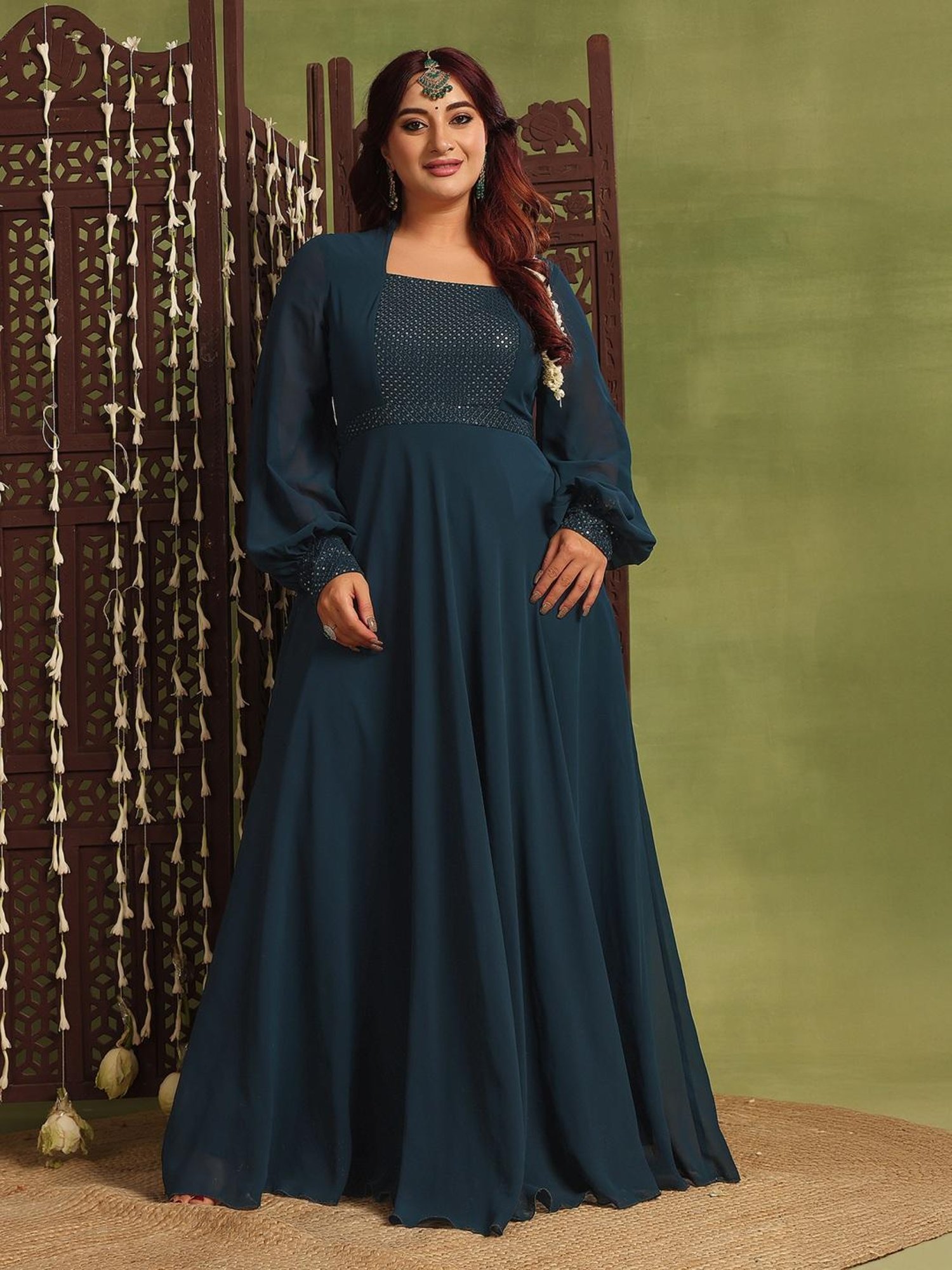 Miss Chase A+ Teal Georgette Embellished Fit & Flare Dress