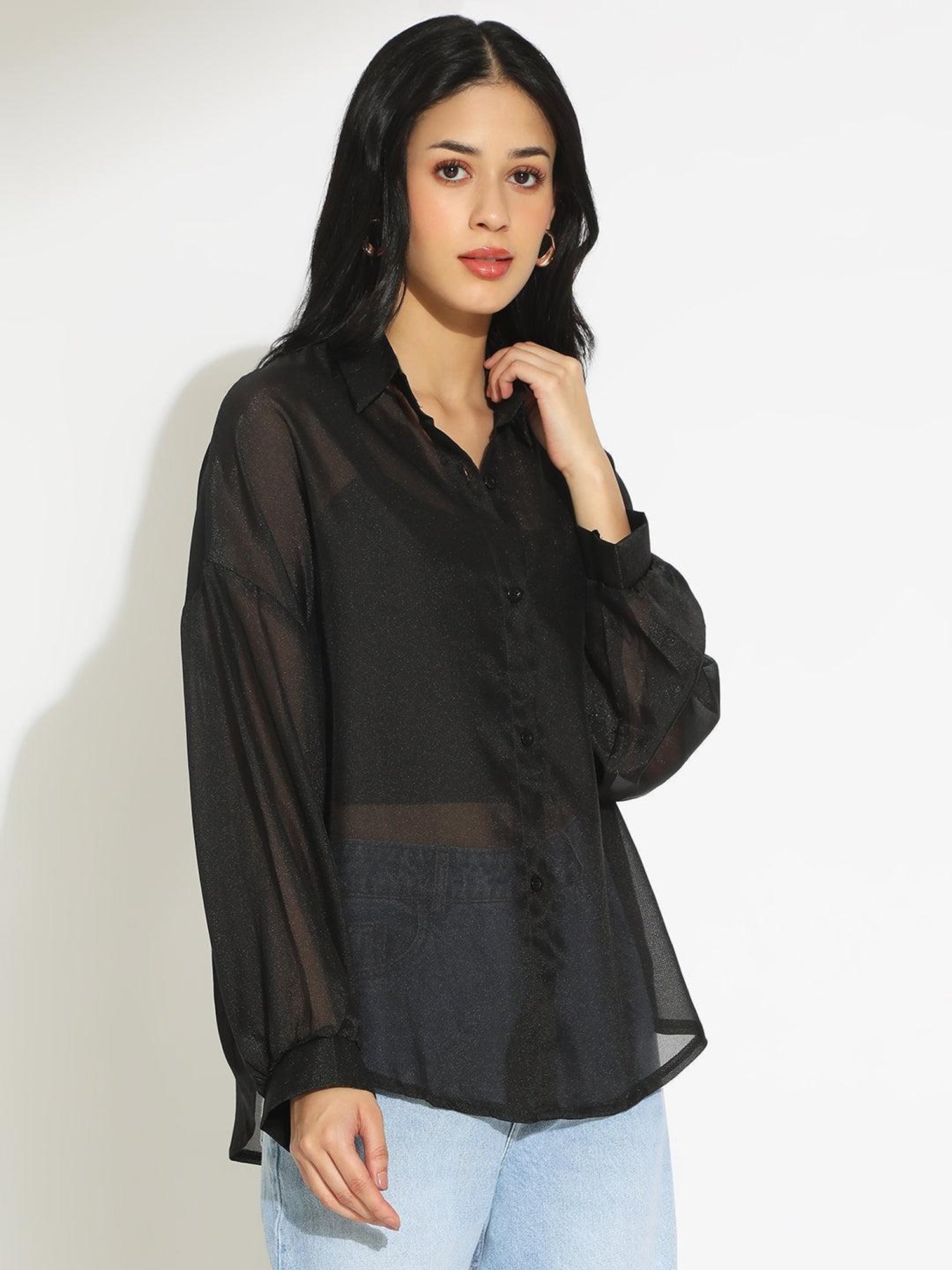 SHOWOFFFF Women's Black Relaxed Fit Sheer Shirt