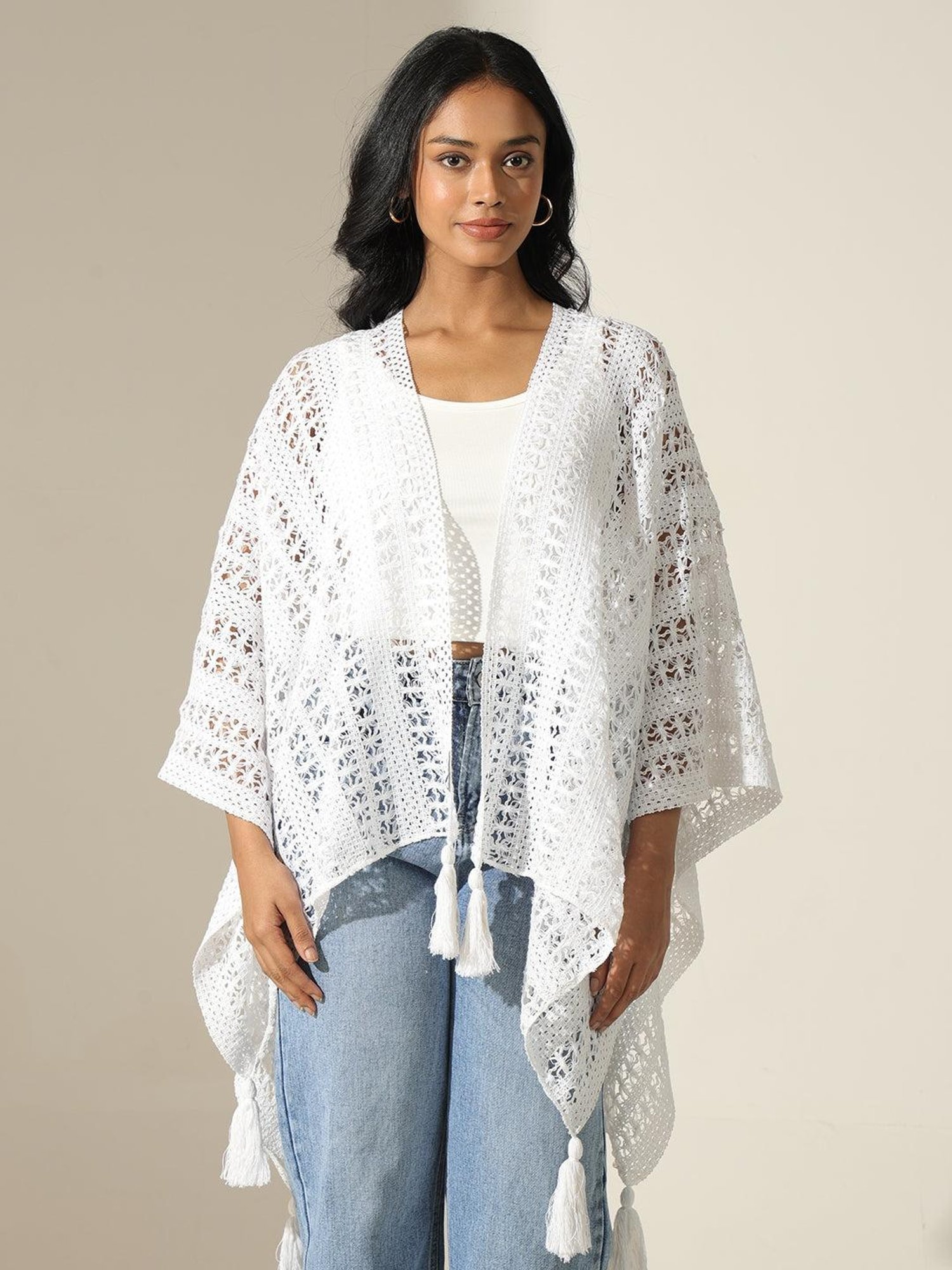 SHOWOFFFF Women's Crochet White Open Front Poncho with Tassel Detail