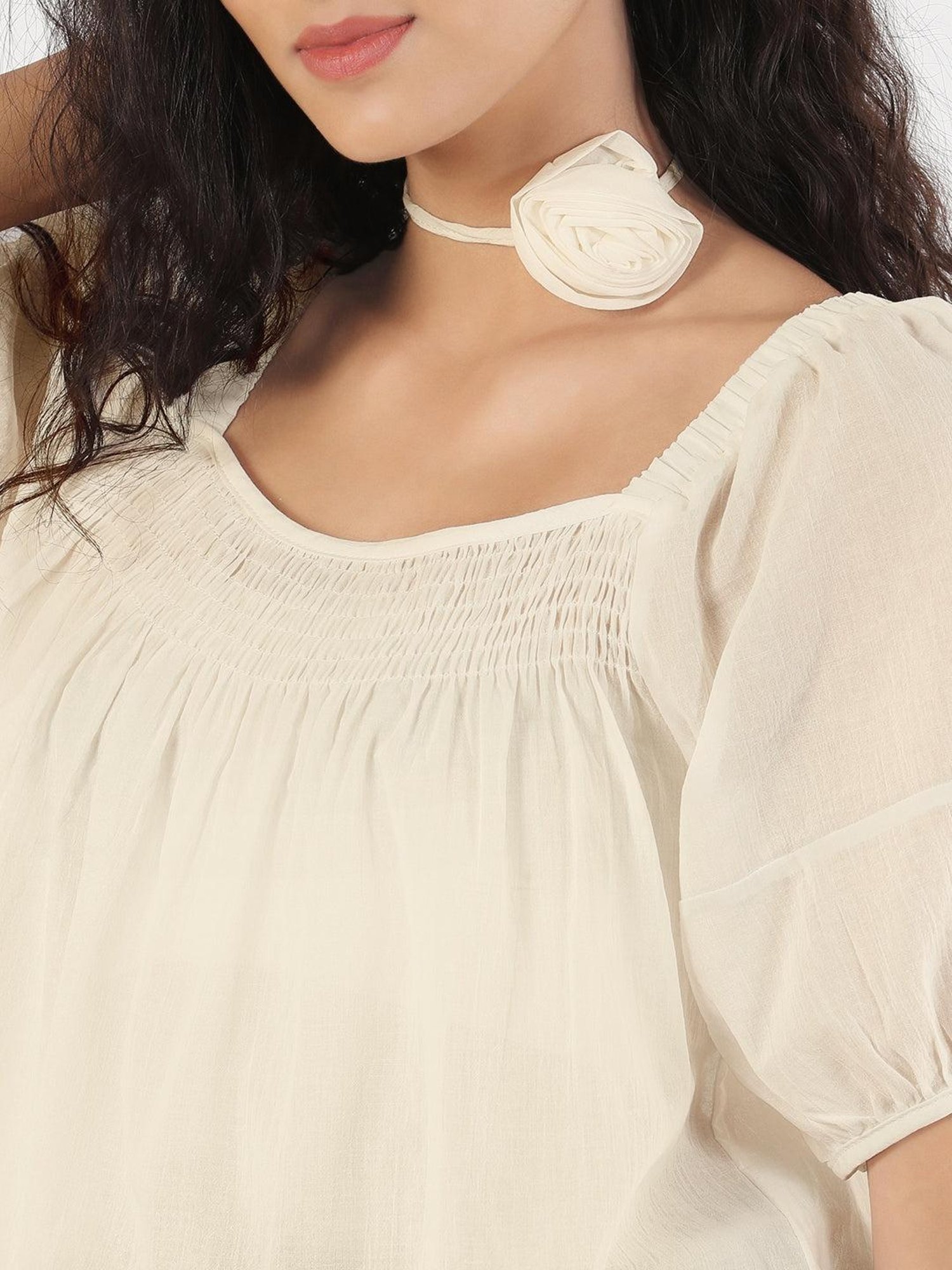 SHOWOFFFF Women's Solid Cream Puff Sleeve Relaxed Fit Top