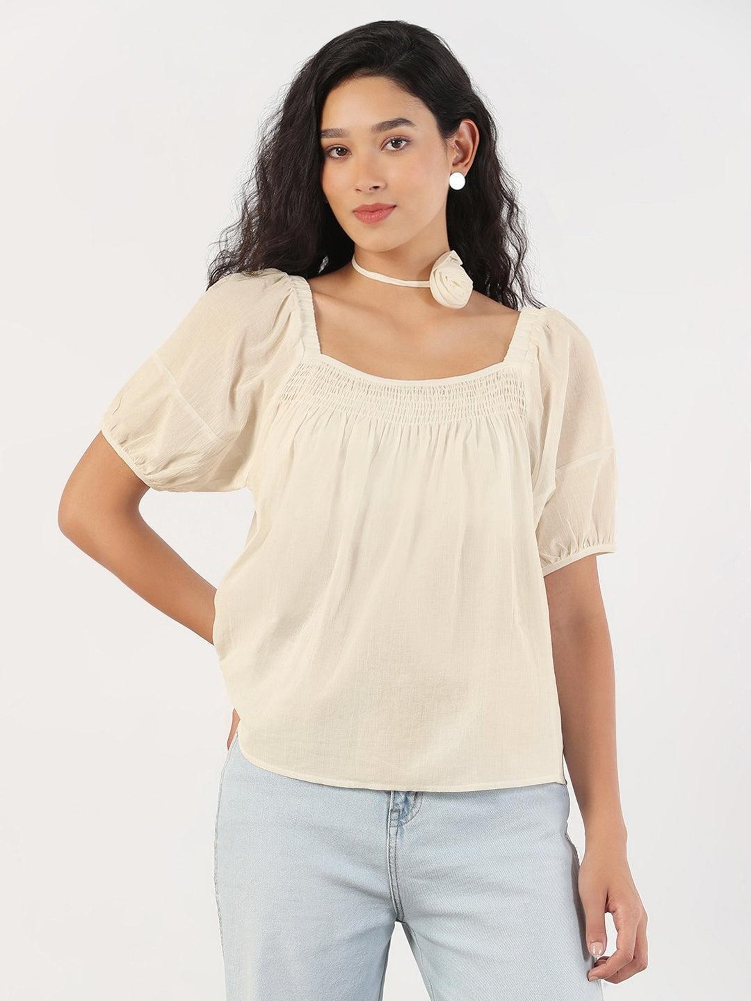 SHOWOFFFF Women's Solid Cream Puff Sleeve Relaxed Fit Top SHOWOFFFF Women's Solid Cream Puff Sleeve Relaxed Fit Top