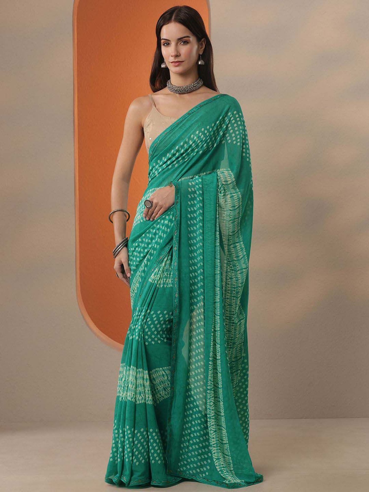 Indien Sari For Femme Printed Georgette Light Weight Jari