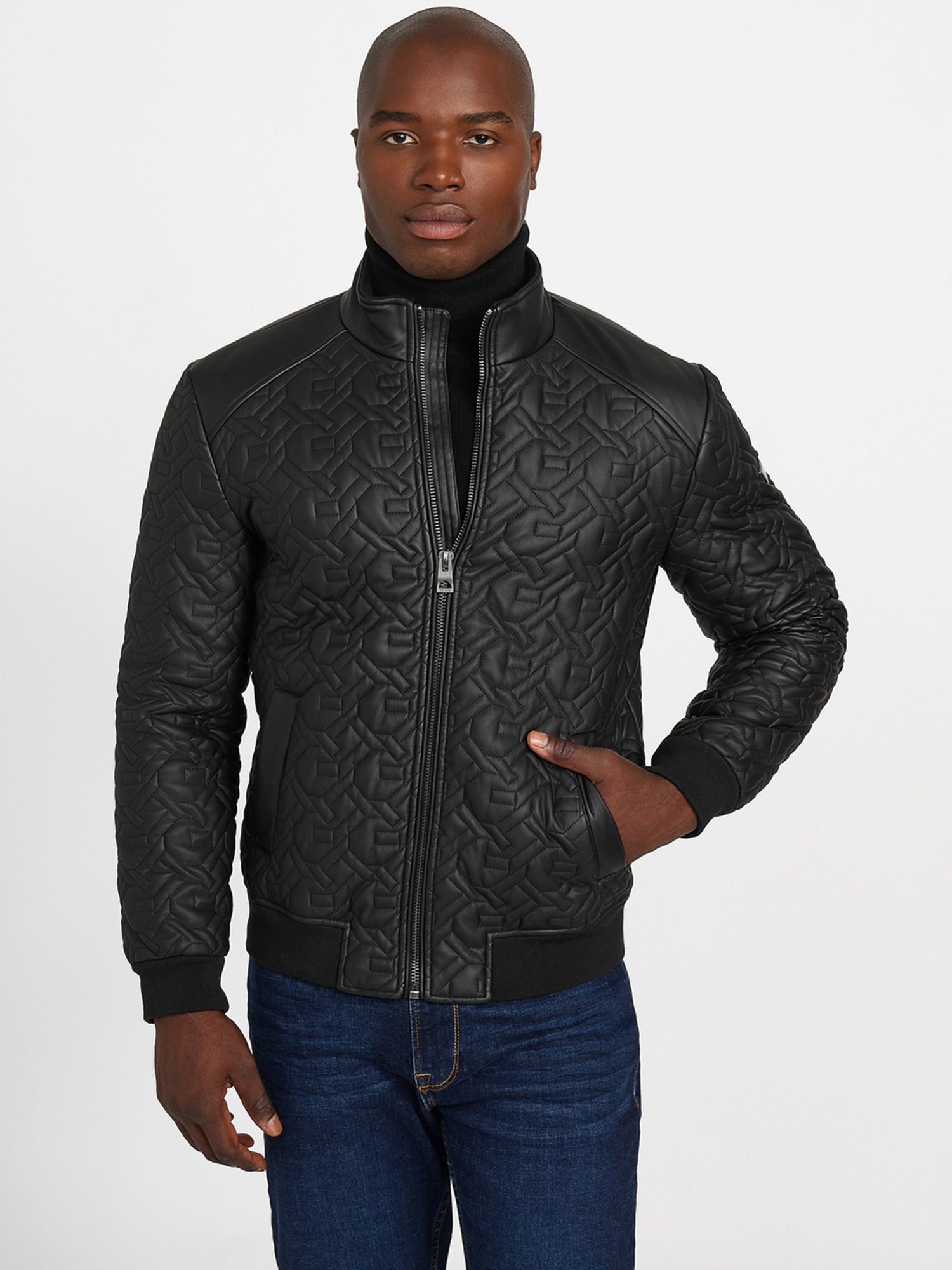 Guess Jet Black A996 Solid Stand Collar Long Sleeves Quilted Jacket