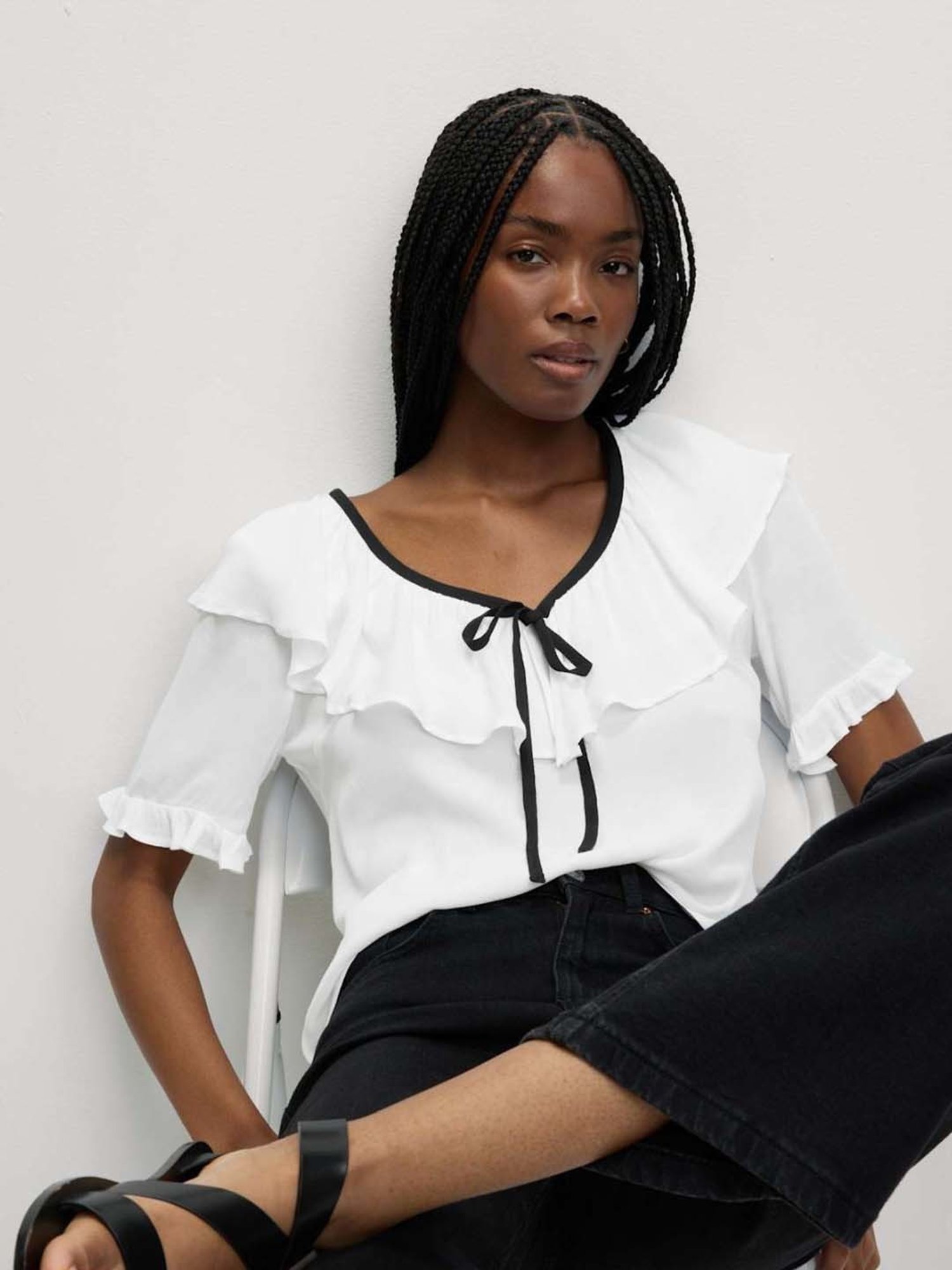 Marks & Spencer White Frill Neck Tie Detail Top