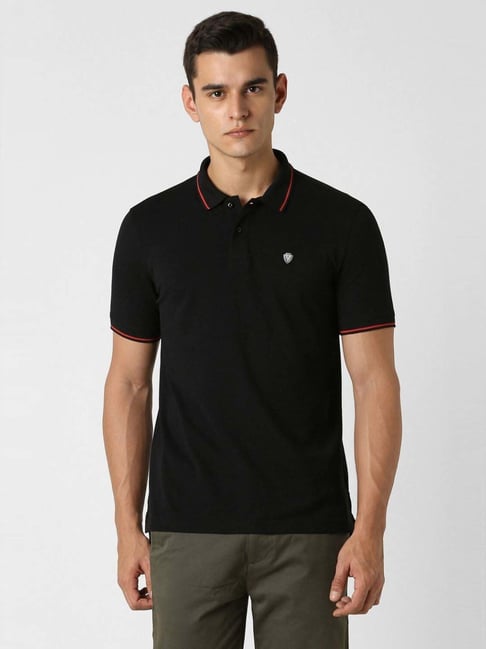 Van Heusen Black Solid Cotton Polo T-shirt