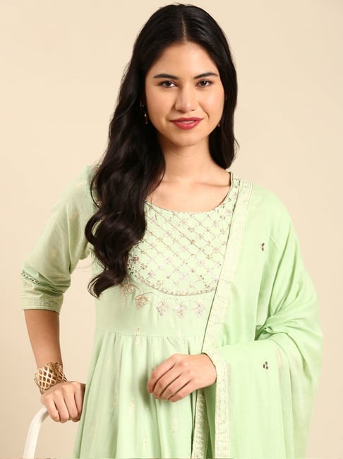 SHOWOFFFF Green Embroidered A Line Kurta With Dupatta-picture-42