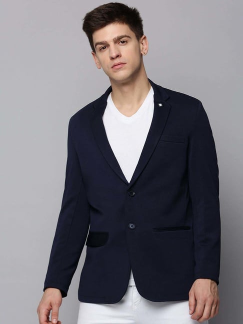 SHOWOFFFF Navy Blue Cotton Regular Fit Blazers