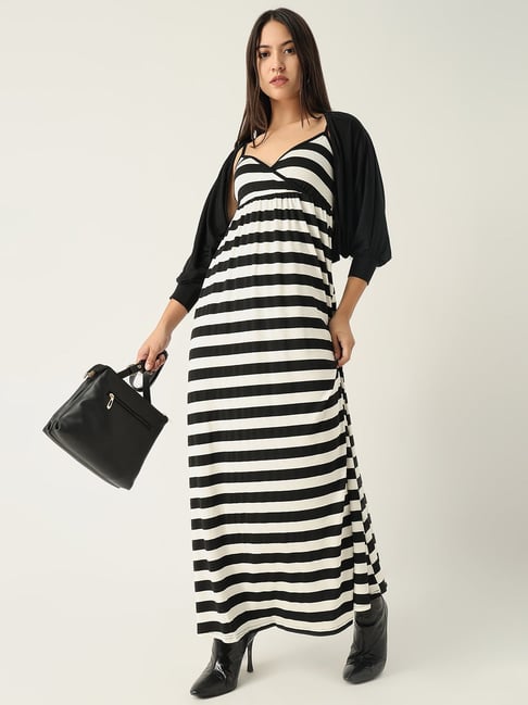 SHOWOFFFF Black & White Cotton Striped Maxi Dress