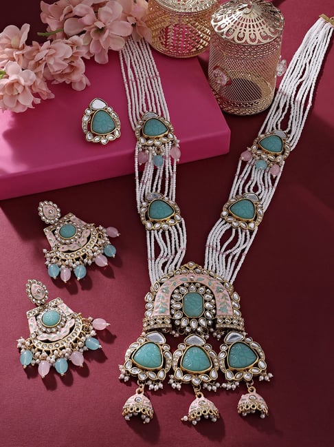 Buy Zaveri Pearls Pink Mint Green Long Jewellery Set-ZPFK16145