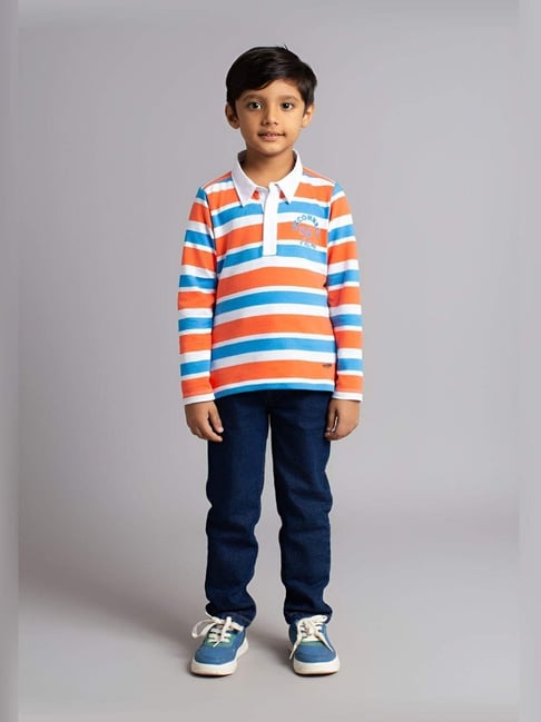 Ed-A-Mamma Boys Orange Cotton Striped T-Shirt