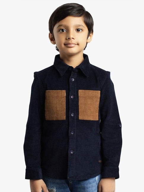 Ed-a-Mamma Navy Blue Corduroy Regular Self Shirt