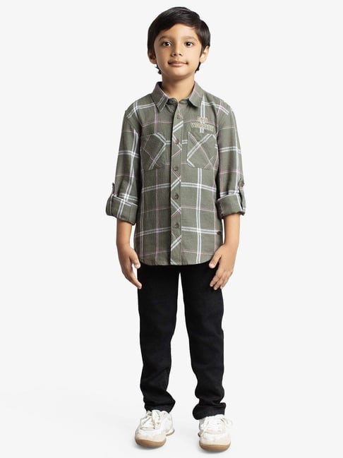Ed-a-Mamma Olive Cotton Regular Checks Shirt
