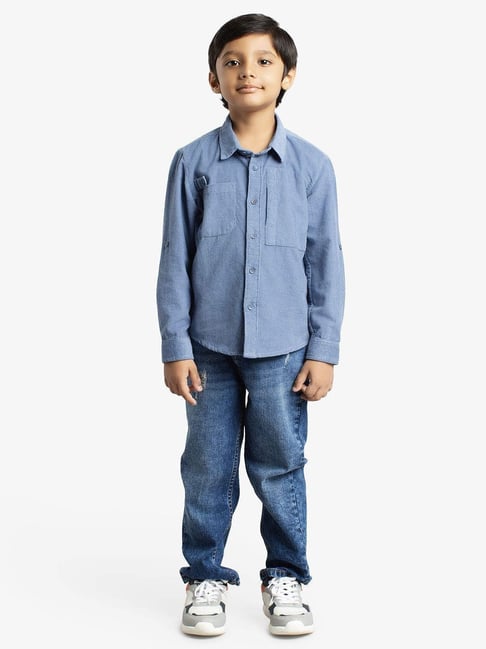 Ed-a-Mamma Blue Corduroy Regular Solid Shirt