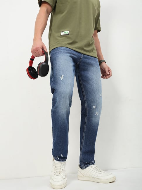 SHOWOFFFF Blue Straight Fit Distressed Jeans