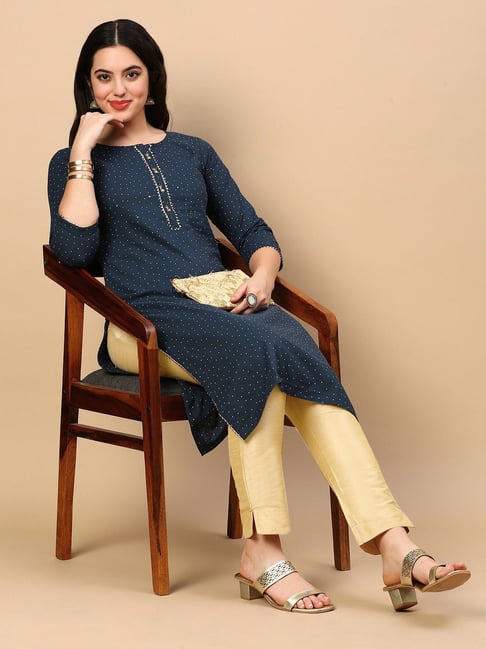 SHOWOFFFF Women's Teal Polka Dots Straight Kurta-picture-13