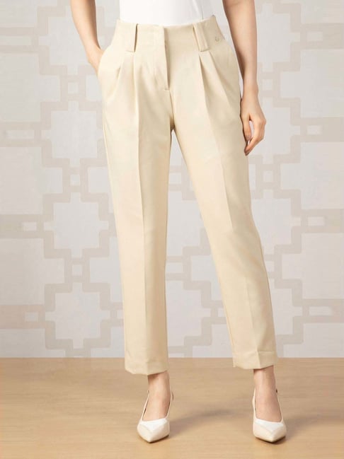 Buy Van Heusen Beige Blended Solid Formal Trousers for Women