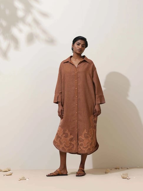 true brown dresses KENNY BROWN DRAPED FULL SLEEVES NET DRAPED GOWN | CULT MIA
