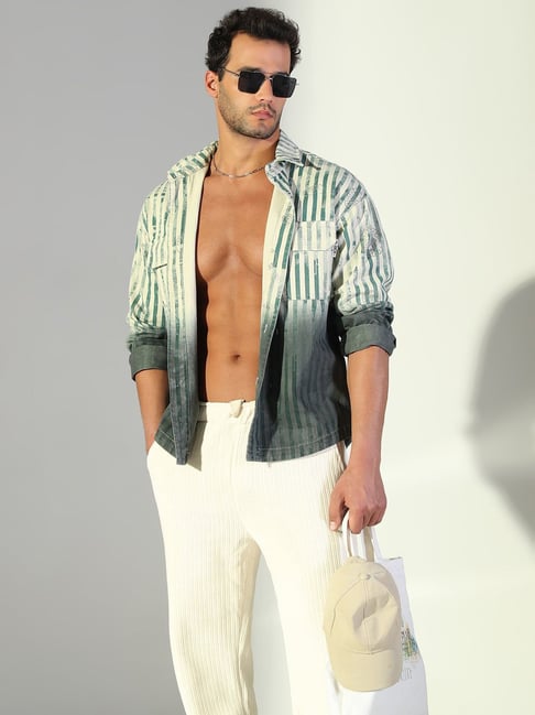 SHOWOFFFF Green Cotton Regular Fit Striped Shacket-picture-30