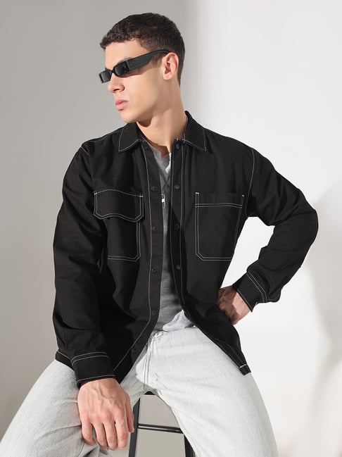 SHOWOFFFF Black Cotton Solid Slim Fit Shirt-picture-19