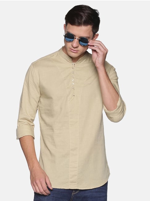SHOWOFFFF Cream Cotton Solid Slim Fit Shirt-picture-12